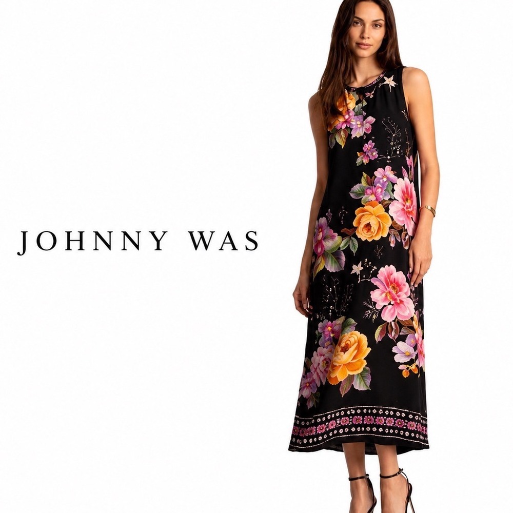 Johnny Was Black Karolina Tea Length Dress L31625-1 Silk Blend Floral Midi M